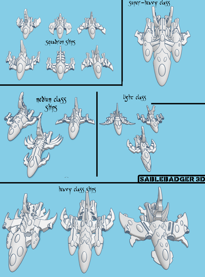Light blue background with 3d model renders of a bunch of spaceships.  The spaceships are inspired by "space elves" factions in popular table top miniatures games.