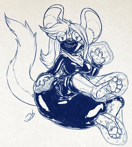 Symao (Mao otter, Kitsyna mouse form hybrid) wearing a rubber glossy dancesuit with inflated legs and paws with soft puffy anti-slip nubs and a thick diaper underneath.