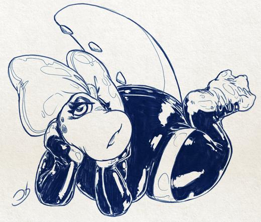 Birdo lying on the ground, handpaws under her face as as she poses like that, showing off the Team GAIN latex full suit she's in.