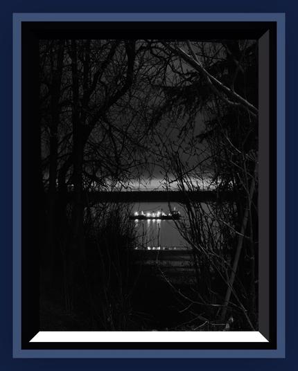 Night time scene. A barge on the bay decorated with lights. Seen through a break in the trees. Branches reaching toward the boat.  (Black and white)