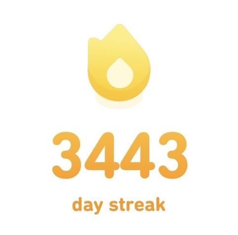 Duolingo streak for 3443 practice days in a row.