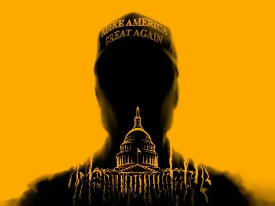 Illustration by The Washington Post. Published 22 August 2025. Archived on that day. Illustration depicts a shadowy Elon Musk in a MAGA cap gazing threateningly at the U.S. Capitol building.