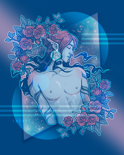Half body digital drawing of a trans man with long hair floating around him, framed with roses and space background.