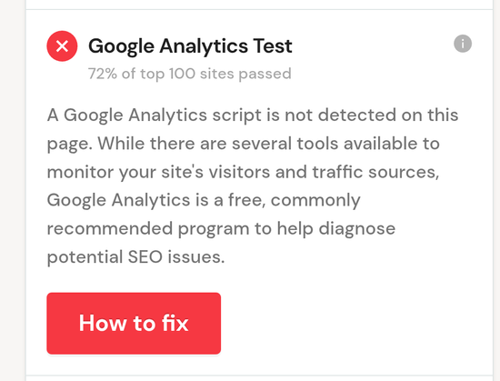 Screenshot of a SEO Performance Measurement saying that it is an error not having included Google Analytics