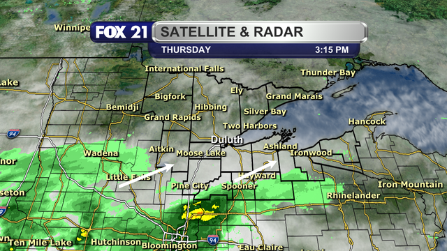 A view of the satellite and radar over the Northland at 3:15 p.m. on Thursday, April 24, 2025, shows mostly cloudy skies over the region.  Some showers are trying to reach the ground in the far southern counties in our area.  More precipitation, all rain, is moving in from the south in an east/northeast path.