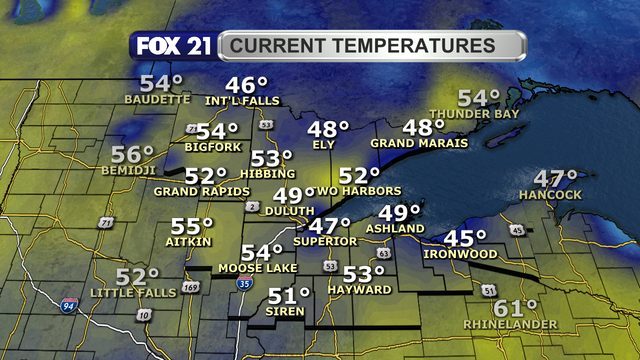 Temperatures in the Northland just after 3 p.m. on April 24, 2025, range from 46 to 55 degrees Fahrenheit.