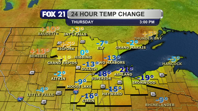 When compared to 3 p.m. on Wednesday, April 23, 2025, temperatures in the Northland at this same time Thursday are cooler for most locations by as much as 21 degrees Fahrenheit.  A few spots in Itasca and Koochiching counties are warmer by a few degrees.