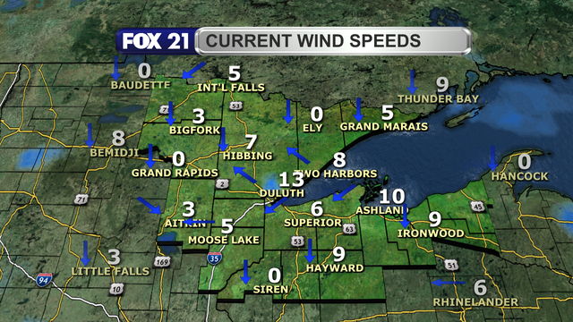 Wind speeds in the Northland just after 3 p.m. on April 24, 2025, range from calm to 13 mph.  Wind direction is primarily from the north, with a lake breeze for communities next to Lake Superior.