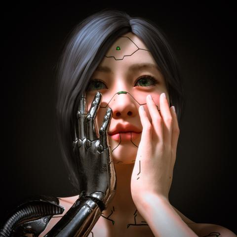 Description by ChatGPT: The image titled "model shoot" is a striking and intimate 3D render of a futuristic woman with cybernetic enhancements. The portrait is tightly framed, showing her from the shoulders up against a dark, featureless background, which emphasizes her striking features and emotional expression.

She has smooth, fair skin adorned with thin, circuit-like black lines and tiny green lights embedded in her face and neck, hinting at her synthetic nature. Her large, expressive green eyes are filled with a sense of awe or wonder. Her hair is shoulder-length and a deep slate blue, softly framing her face.

What makes the image visually arresting is the contrast between her two hands. Her left hand, made of shiny metallic black, is gently resting against her cheek, its robotic fingers spread delicately as if she’s in quiet contemplation or surprise. Her right hand, human in appearance, mirrors the pose on the opposite cheek. The duality between flesh and machine is a central theme, accentuated by the symmetrical framing and subtle lighting that highlights the textures of skin and metal.

The mood of the image is both serene and thought-provoking, evoking themes of identity, humanity, and the seamless integration of technology with the human form—making it feel like a high-concept fashion or tech magazine shoot from a near future.