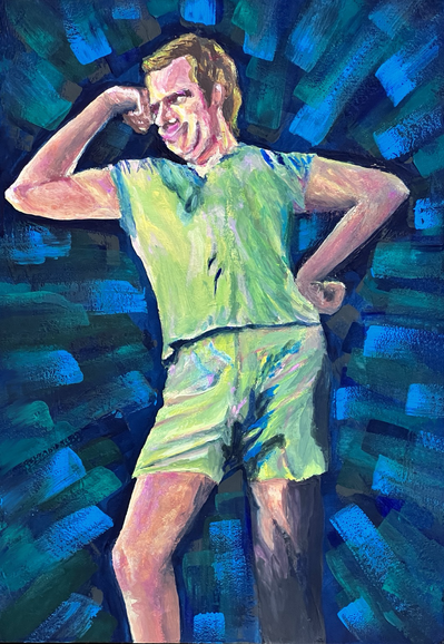 Traditional painting of BJ Hunnicutt from M*A*S*H, in a goofy strongman type pose and even goofier expression on his face from S05E20: Hepatitis.