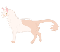 A blurry image of a cat OC. The cat has white fur and tall pointy ears. His back half is an orange cream that looks like a pants pattern. In the same color, there are tear stripes and a muzzle in the same color. His eyes are yellow.