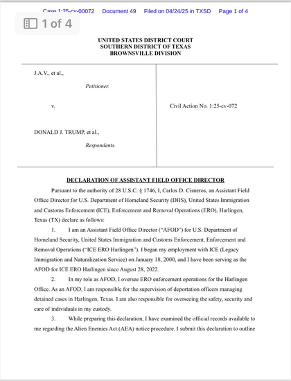 A legal document from the United States District Court, Southern District of Texas, detailing a case involving a petitioner (J.A.V., et al.) against respondents, including Donald J. Trump. The document includes a declaration from an Assistant Field Office Director for…