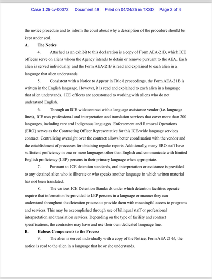 Document discussing the procedures for serving notice to aliens by ICE, detailing Form AEA-21B, language assistance provisions, and requirements for oral interpretation for individuals who do not understand English.