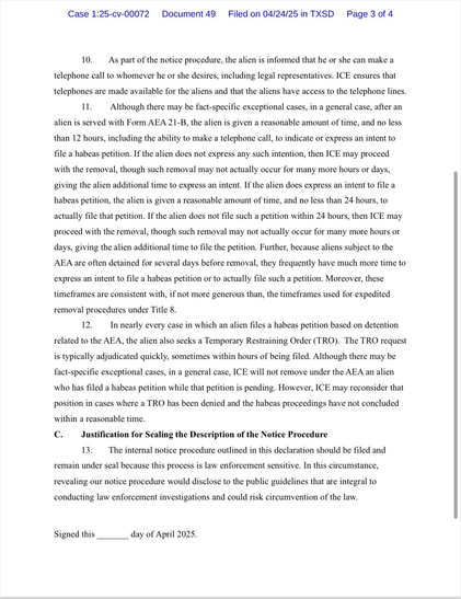 The image is a legal document related to immigration procedures, specifically discussing the notice procedures for aliens served with Form AEA 21-B. It details the timeframes for making telephone calls and filing habeas petitions, as well as the justification for sealing the…