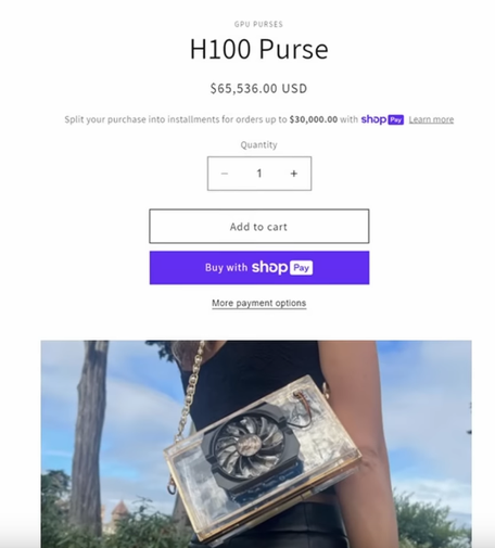 A H100 Purse with an nvidia H11 GPU inside offered for U$D 65.536,-