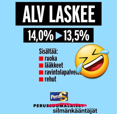 Persut mainostaa suurieleisesti sinisellä pohjalla | ALV LASKEE 14,0 % -> 13,5 %; sisältää: ruoka, lääkkeet, ravintolapalvelur, rehut
Meemin tekijä on laittanut listan viereen huutonaurunaaman sekä korvannut punakynällä osan sanasta "perussuomalaiset" sanaksi "perussilmänkääntäjät"