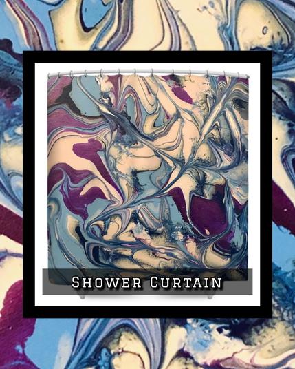 a fluid art extravaganza booming with bold purples, blue and white in waves across the area.  on a shower curtain.