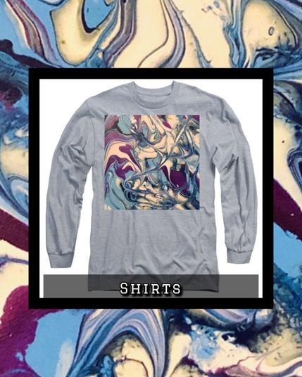 a fluid art extravaganza booming with bold purples, blue and white in waves across the area. On a shirt.