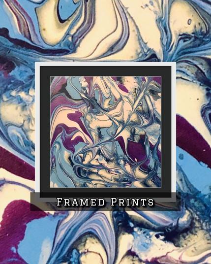 a fluid art extravaganza booming with bold purples, blue and white in waves across the area. On a framed print.