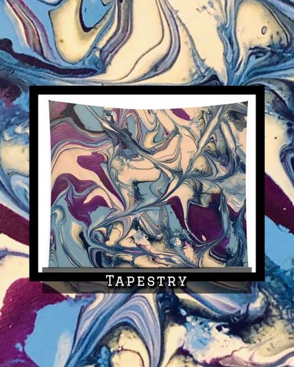 a fluid art extravaganza booming with bold purples, blue and white in waves across the area. On a tapestry.