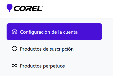 Captura de la interfaz de la web de COREL, indicando: configuración de la tienda, productos de suscripción y productos perpetuos.