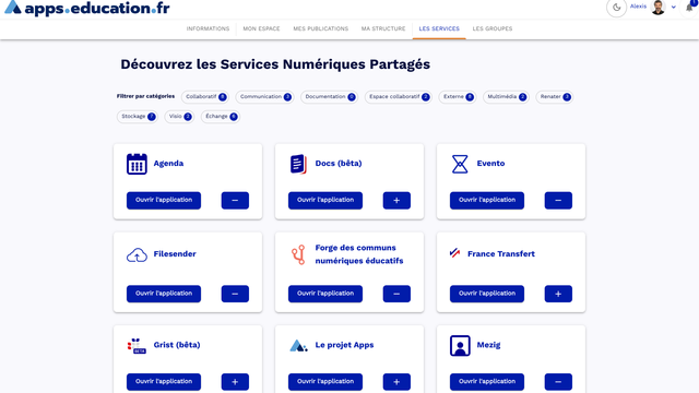 Copie d'écran du portail Apps où l'on peut voir les nouvelles tuiles Docs et Grist