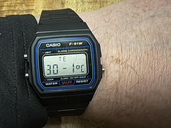 Casino F-91w digital watch from 1989 on my left wrist. It’s a digital watch with an LCD display in a black plastic case with three metal function buttons and a black plastic strap.

The watch face has the words 

CASIO F-91W
ALARM CHRONOGRAPH
Water WR RESIST
Mon the outside. The buttons are labelled ( clockwise from lower right) 
Alarm on/Off 24hr
Mode
Light 

The display is showing a decidedly non standard text:
TE
30 - 1° C