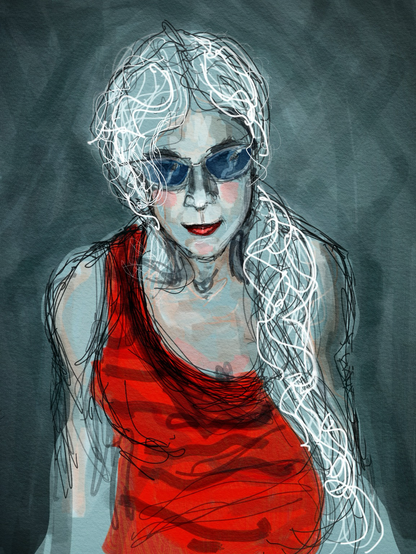 A messy sketch of a woman with long white hair pulled over one shoulder. She wears a red and black striped tank top and dark blue sunglasses.