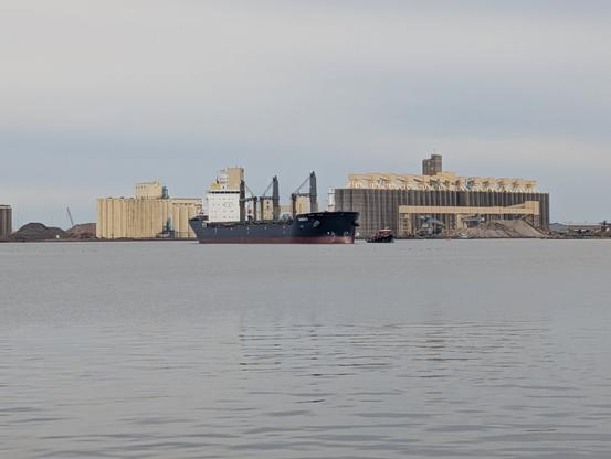Barbro G transport ship in the bay with a Tug boat