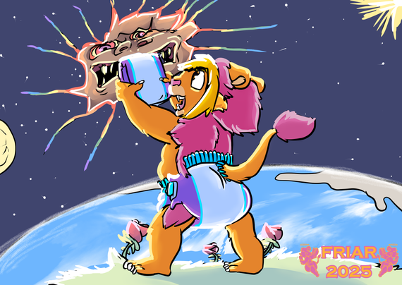 Illustration of Friar the diapered lion standing on some grass with roses blooming in front of the earth and moon holding up a diaper and sealing away the evil demonic Donhole while rainbow cracks in the universe slowly shut him away.