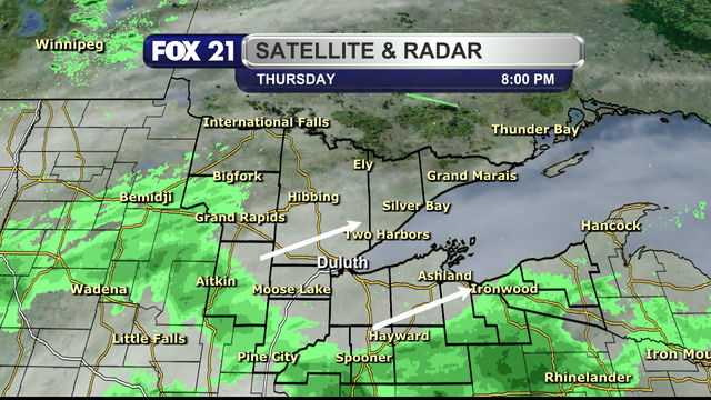 A view of the satellite and radar over the Northland at 8 p.m. on Thursday, April 24, 2025.  It shows a line of showers extending from Grand Rapids southeast to Grantsburg,, then east/northeast into the western counties of the Upper Peninsula.  They are moving to the east/northeast.  Most of the precipitation on the Minnesota side is not reaching the ground.