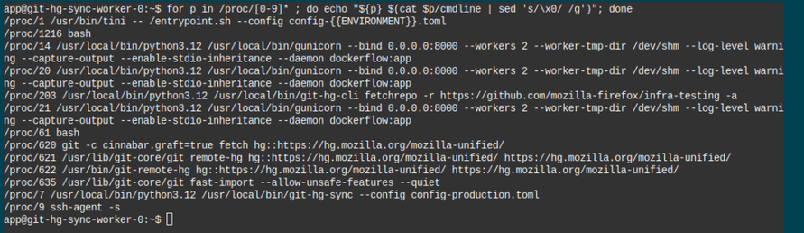Screenshot of a terminal showing how `for p in /proc/[0-9]* ; do echo "${p} $(cat $p/cmdline | sed 's/\x0/ /g')"; done` does a passable job at listing the processes currently running on the system.