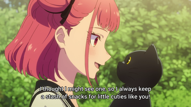 A girl talking to a cat
Subtitle: I thought I might see one, so I always keep a stash of snacks for little cuties like you!