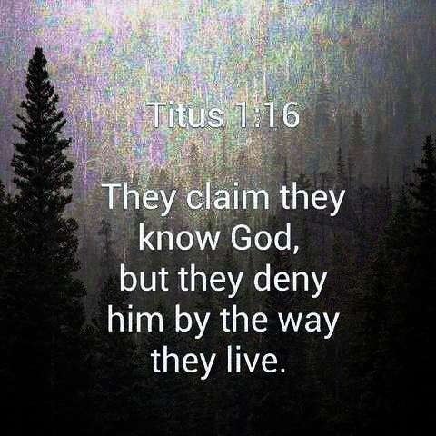 Titus 1:16
"They claim they know God, but they deny Him by the way they live."

Background is evergreen trees, mostly dark at the bottom but becoming lighter and more colorful near the top; text is white, centered over the trees.