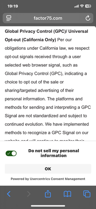 This is a screenshot of a app consent form that has a switch set to “yes” in green, with a caption of “Do not sell my personal information”