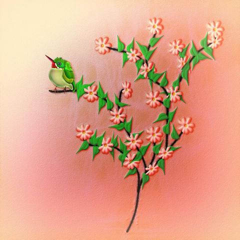 Ein Zweig mit rosa Blüten und grünen Blättern vor rosa Hintergrund. Auf einem Zweigende sitzt ein kleiner grüner Vogel.

A branch with pink flowers and green leaves against a pink background. A small green bird sits on one end of the twig.