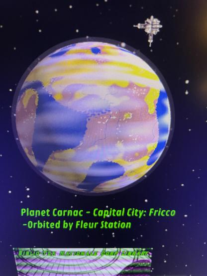 a photo of a roll20 tabletop, featuring a drawing of a planet and the text "planet carnac - capital city: frico - orbitted by fleur station."
