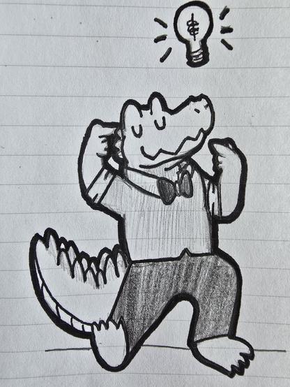 A drawing of a collared shirt and bowtie-wearing alligator named Relish. He is doing a silly dance that helps ideas happen more easily.