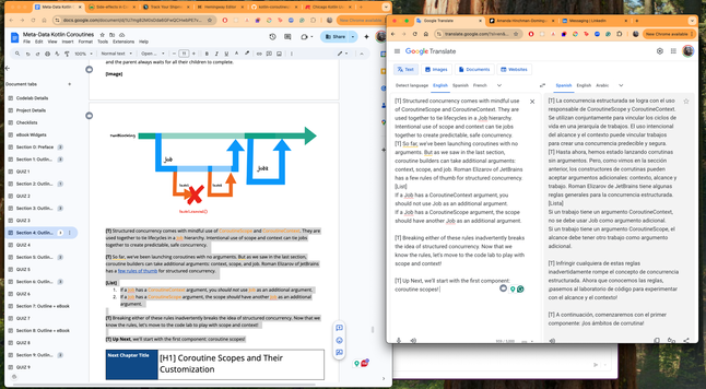 screenshot of computer. left is google doc ebook right, right is google translate