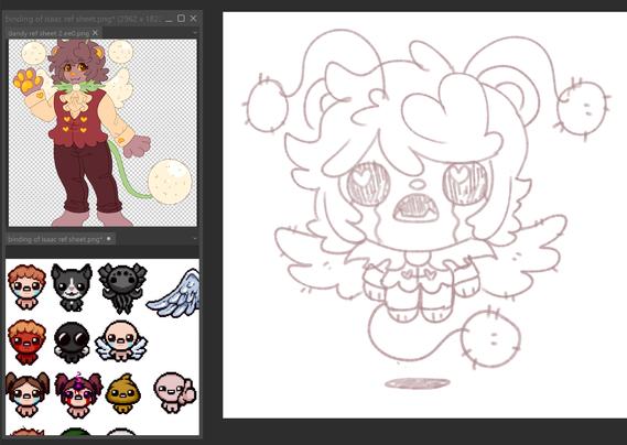 a sketch of my fursona dandy the dandelion lion as a binding of isaac character!