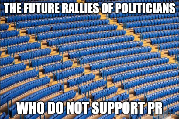 Shot of numerous empty stadium seats "The future rallies of politicians" "Who do not support pr"