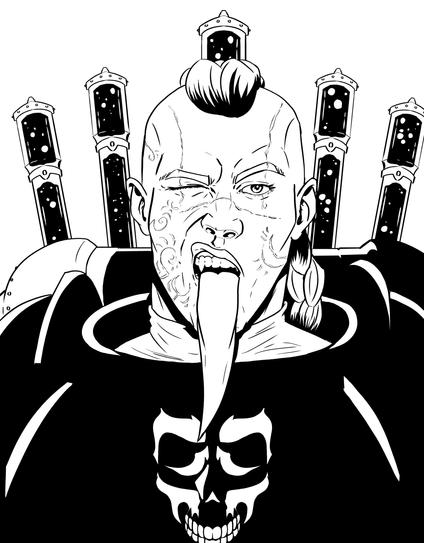 Black and white inkdrawing without greyscale. Portrait of 40k Lucius the Eternal sticking out his tongue and winking.