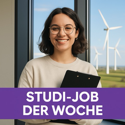 Studierende mit Klemmbrett vor einem Fenster, hinter dem sich Windräder drehen.