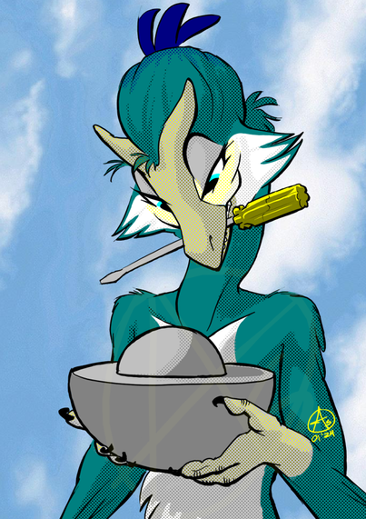 Against a low bit-depth Windows 95 wallpaper of a blue sky laced with clouds, a devious teal-feathered nevrean clutches a screwdriver in his beak as he gazes lovingly at the Demon Core in his hands.