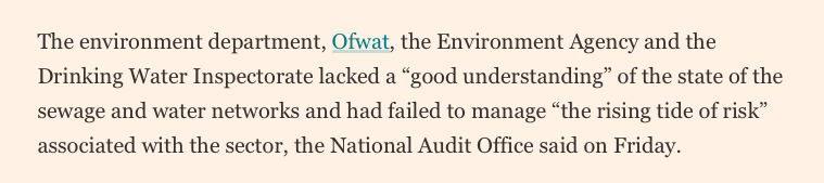 The environment department, Ofwat, the Environment Agency and the Drinking Water Inspectorate lacked a “good understanding” of the state of the sewage and water networks and had failed to manage “the rising tide of risk” associated with the sector, the National Audit Office said on Friday.