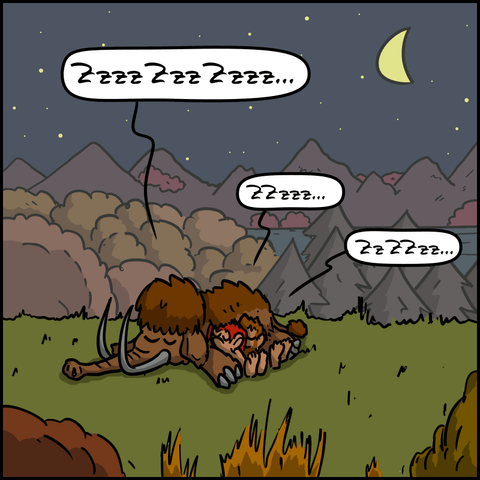 C'est la nuit, les trois dorment : « ZZzzzzz… »