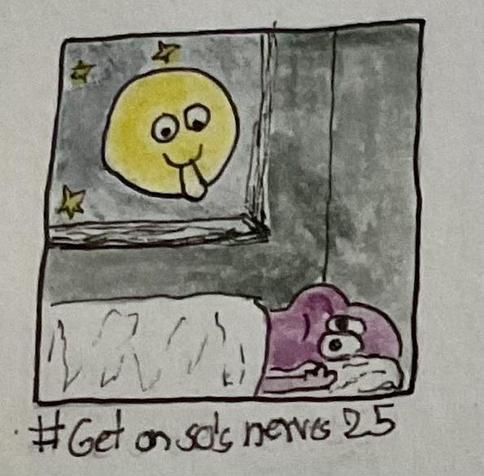 A cartoon depicts a purple character lying in bed, looking annoyed or frustrated. In the window, a smiling, playful full moon sticks out its tongue, surrounded by stars. The caption reads "#Get on so’s nerves 25."