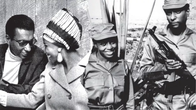 Miriam Makeba et Stokely Carmichael, à l’annonce de leur mariage dans la magazine Jet (1968), et dans un camp d’entraînement militaire guinéen en 1971. © Rot-Bo-Krik