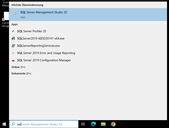 Screenshot of the search box next to the windows icon, you can see somebody started typing "SQL..." and the option "SQL Server Management Studio 20" pops up as first choice.
