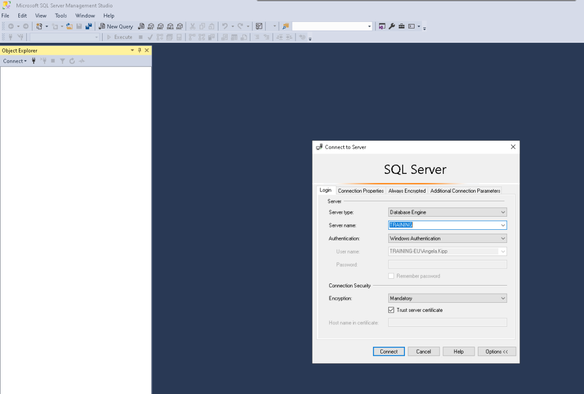 Login screen of SQL Server Management Studio.
